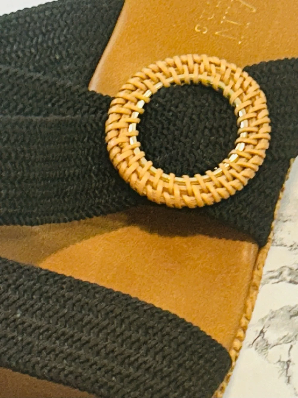 Italian Shoemakers Black and Tan Wedge Sandals with Rattan Accent
